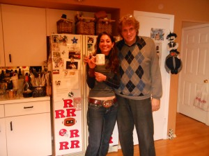 with Linda Chorney in front of a magnetized refrigerator