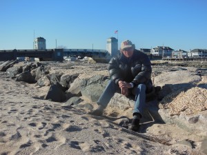 this pix was taken 91 minutes after my cat scan (and incident with garbage can) at jersey shore univ hospital. it was 15 degrees and i was posing for a cover of a magazine. taken at the shark river jetty in belmar NJ