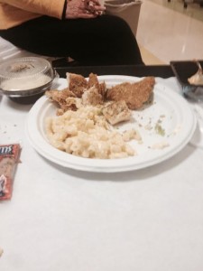 the dried fried vile chicken and macaraoni and cheese for my 'healthy' dinner hours after cardiac procedure. it all went in the garbage.  the next morning i couldn't even get a bowl of hot cereal.